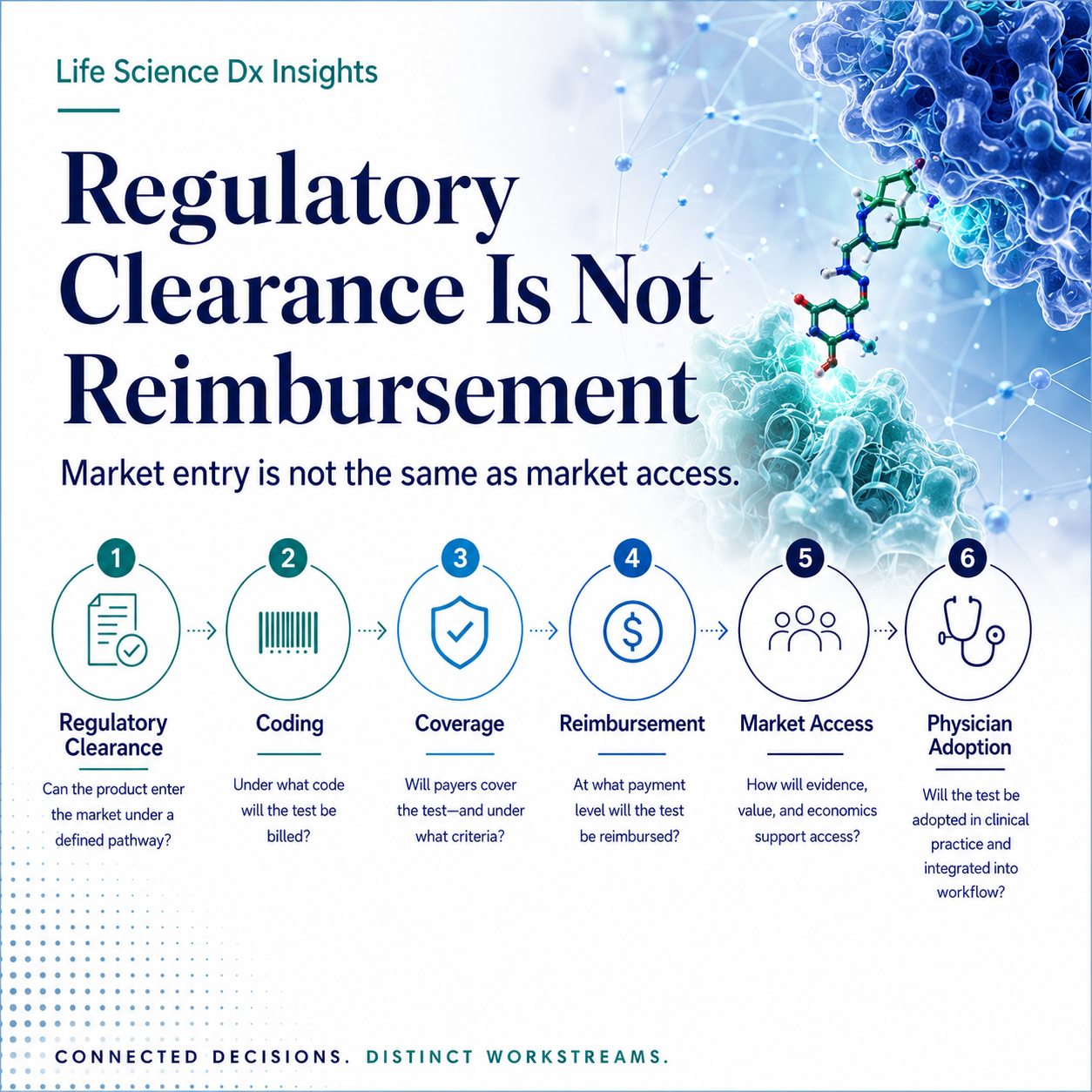 The six connected workstreams from Regulatory Clearance through Coding, Coverage, Reimbursement, Market Access, and Physician Adoption